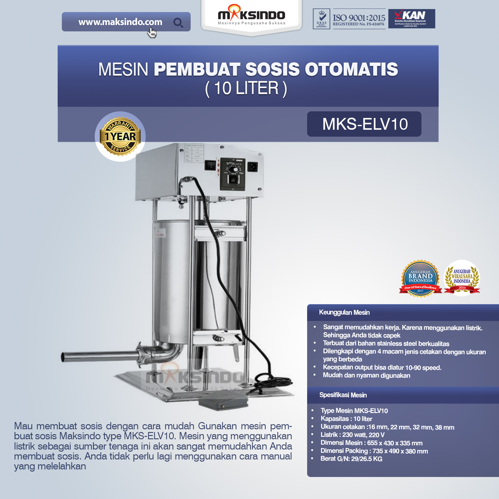 Jual Mesin Pembuat Sosis Otomatis (MKS-ELV10) di Makassar