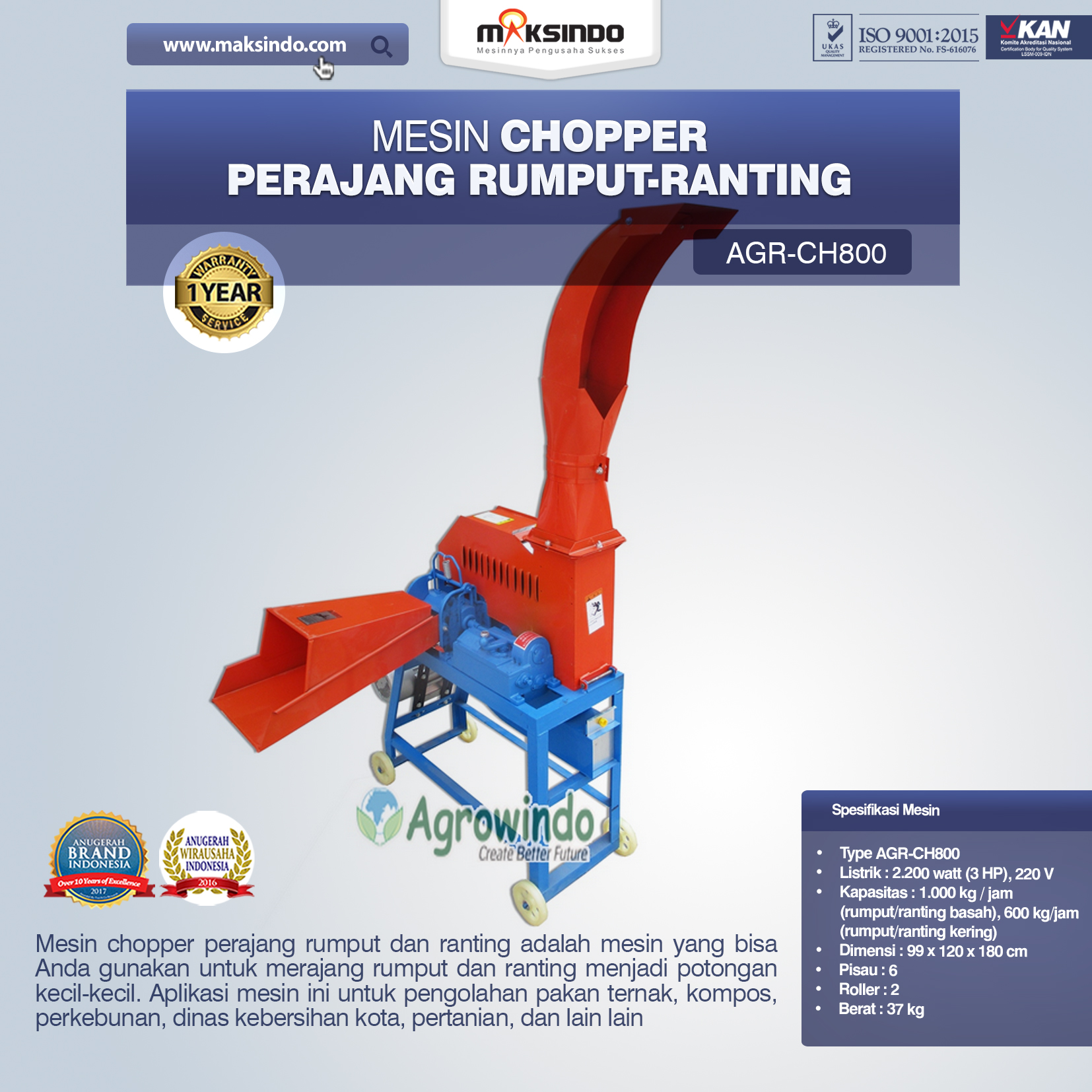 Jual Mesin Chopper Perajang Rumput-Ranting (AGR-CH800) di Makassar