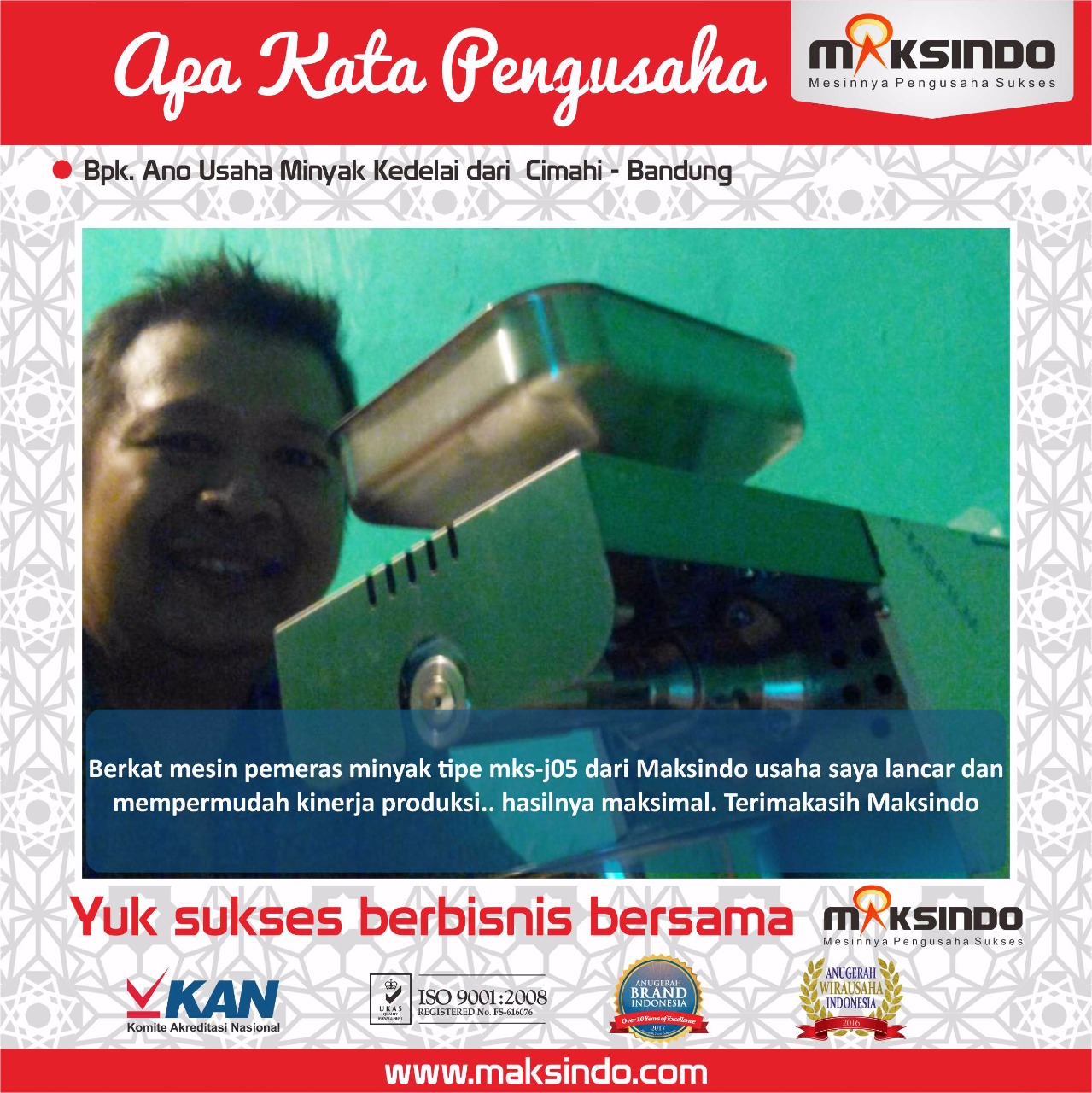 Usaha Minyak Kedelai Bapak Ano : Usaha Semakin Mudah dan Lancar dengan Mesin Pemeras Minyak Maksindo