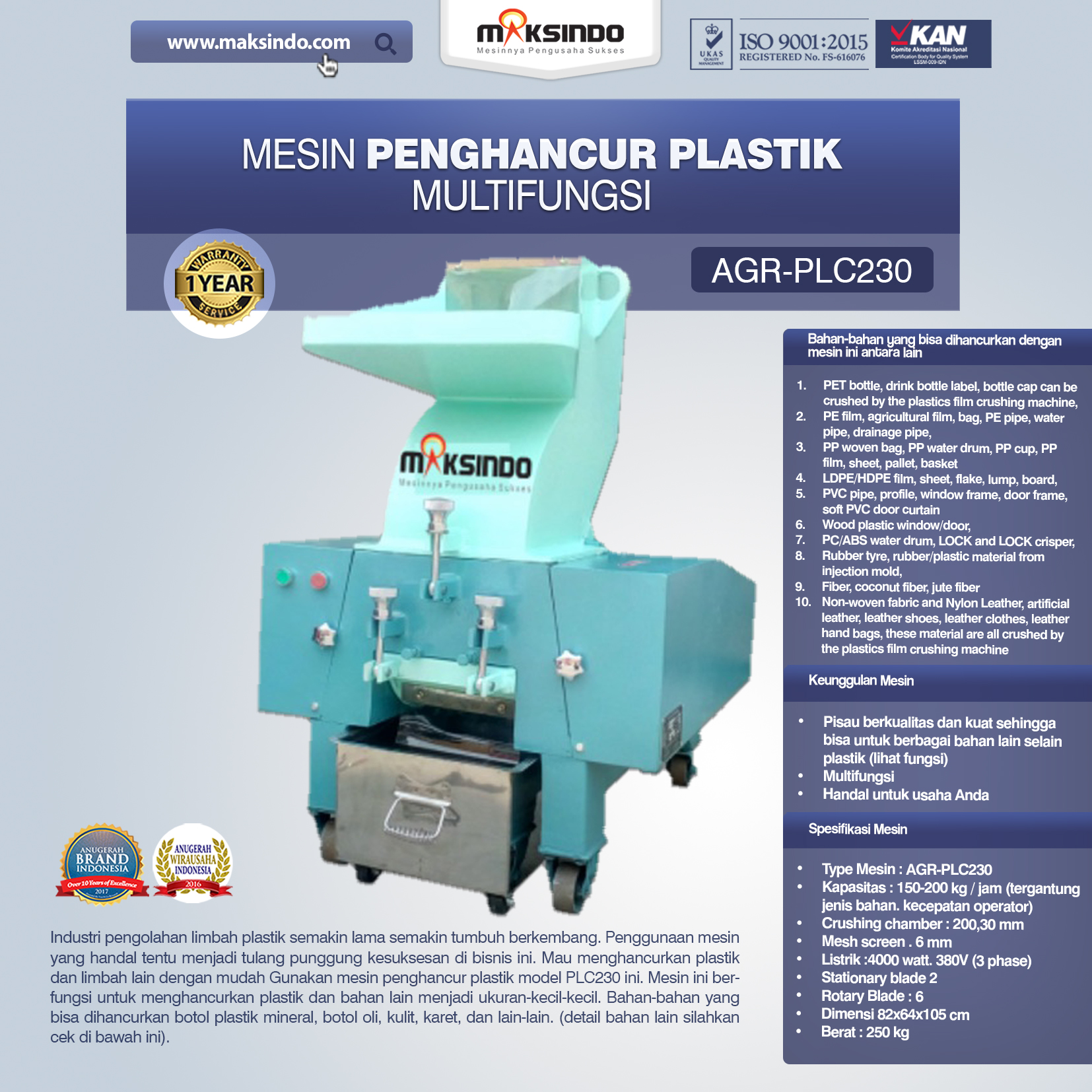 Jual Mesin Penghancur Plastik Multifungsi – PLC230 Di Makassar