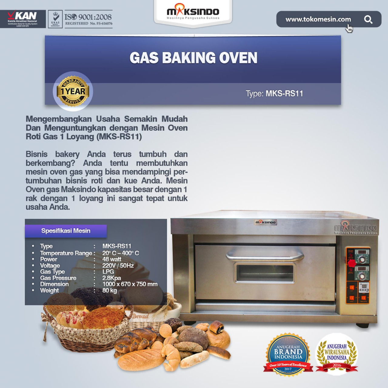 Jual Mesin Oven Roti Gas 1 Loyang (MKS-RS11) di Makassar