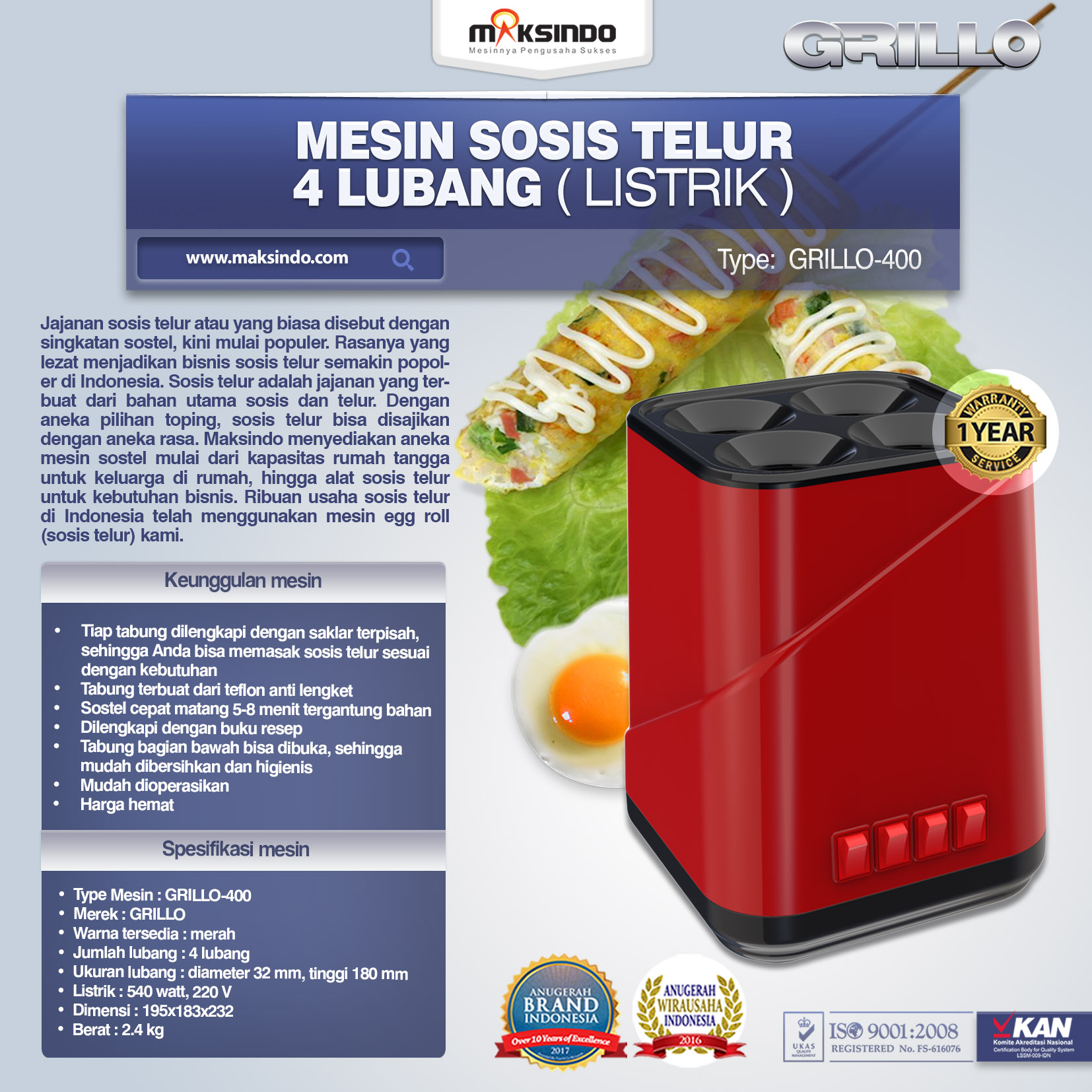Jual Mesin Sosis Telur 4 Lubang Grillo-400 di Makassar