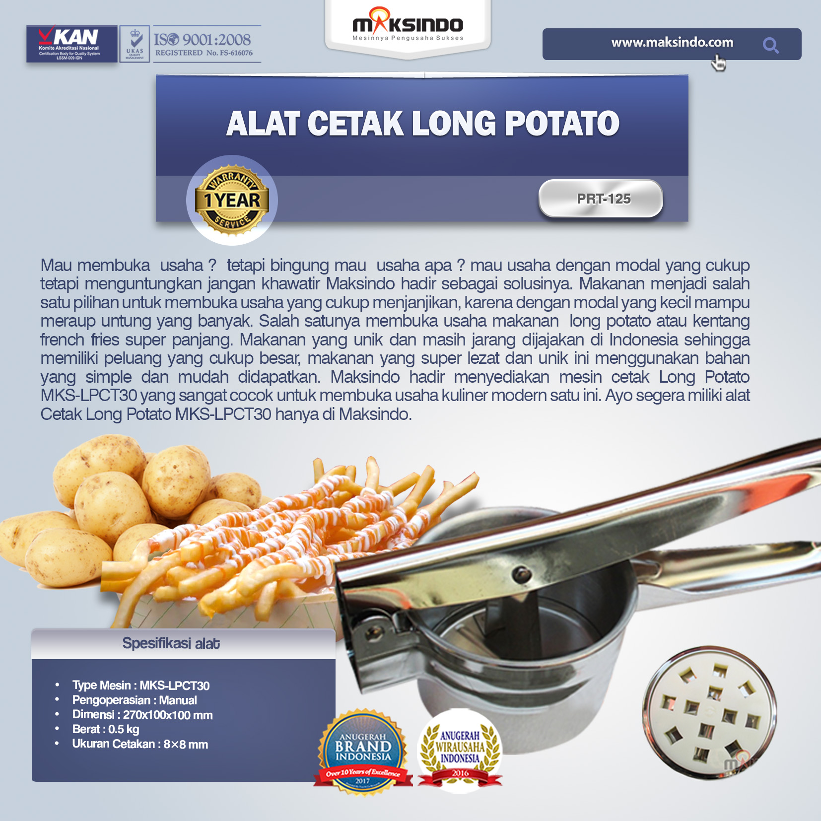Jual Alat Cetak Long Potato MKS-LPCT30 di Makassar