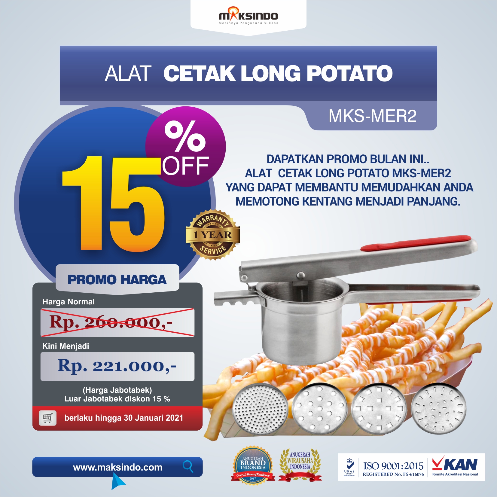 Jual Alat Cetak Long Potato MKS-MER2 di Makassar
