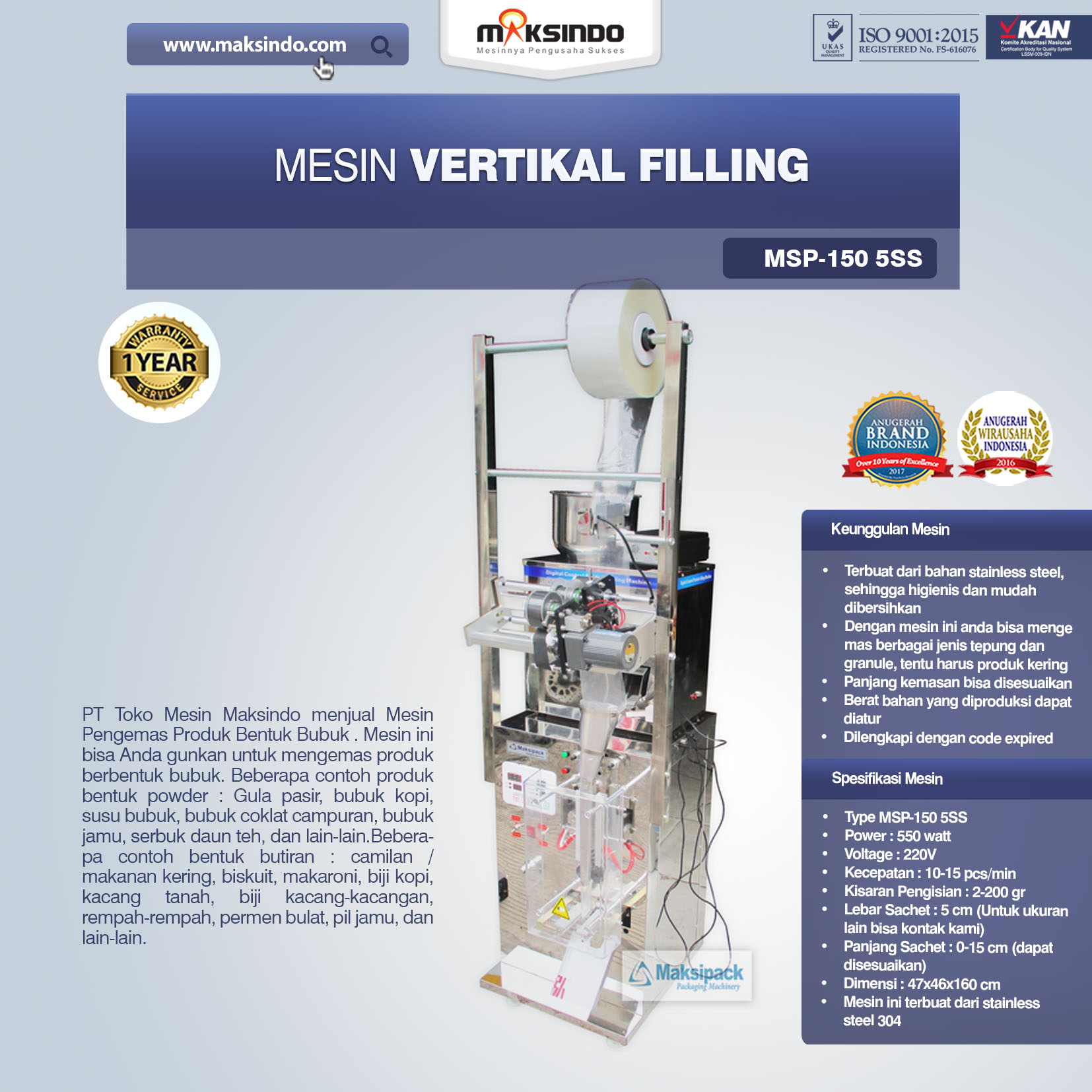Jual Mesin Vertikal Filling (MSP-150 5SS) di Makassar