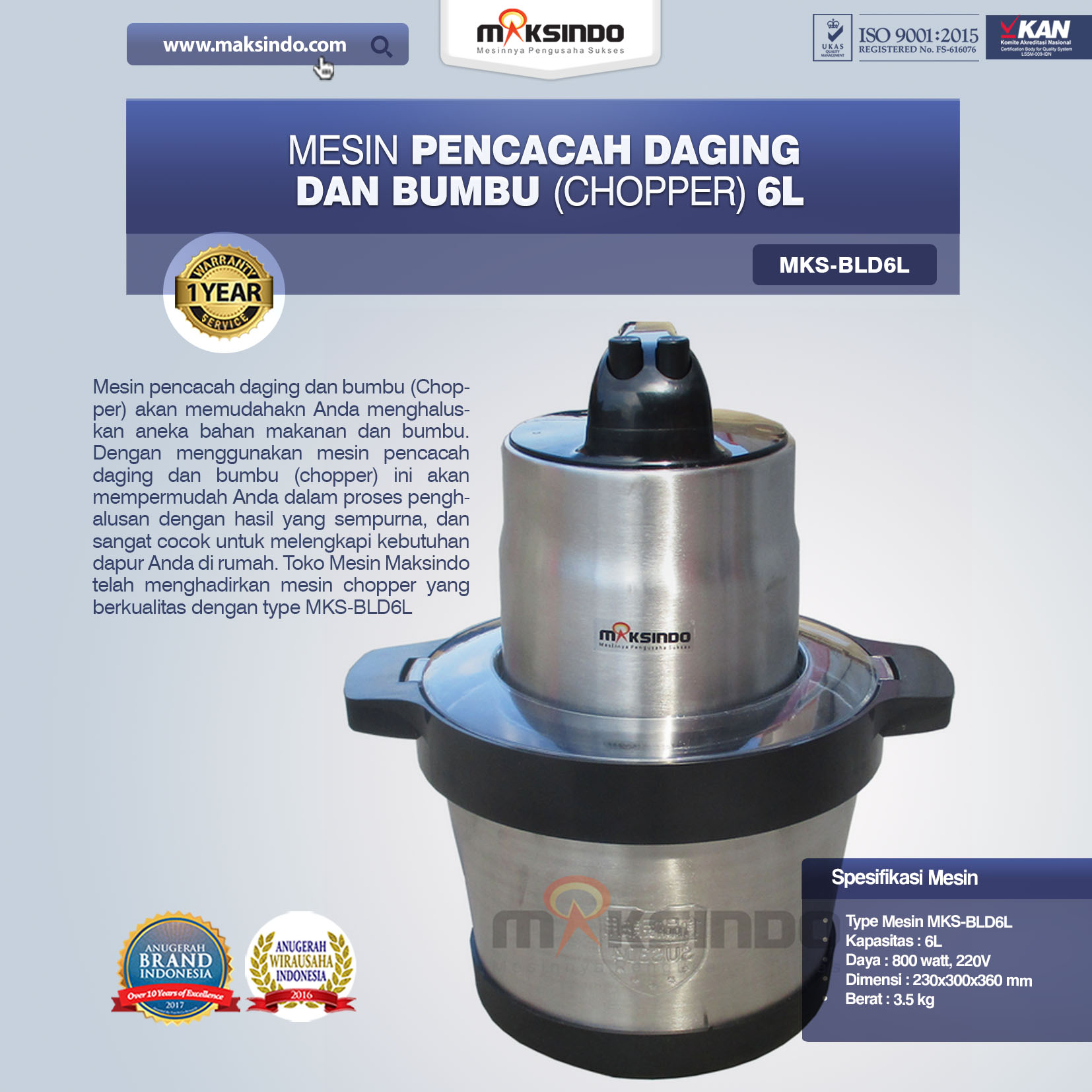 Jual Mesin Pencacah Daging dan Bumbu MKS-BLD6L di Makassar
