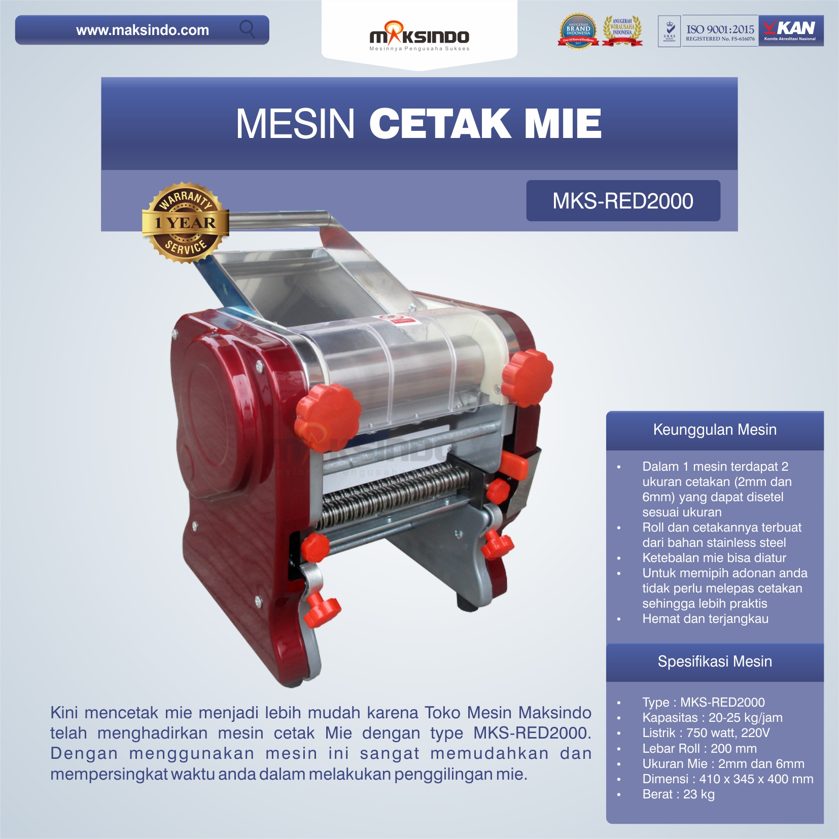 Jual Mesin Cetak Mie MKS-RED2000 di Makassar
