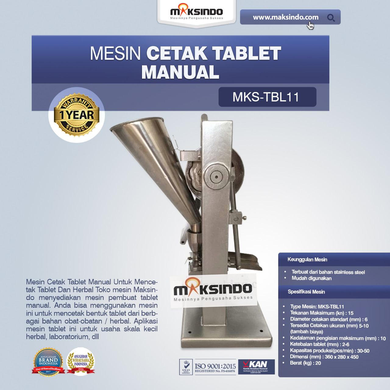 Jual Mesin Cetak Tablet Manual – MKS-TBL11 di Makassar