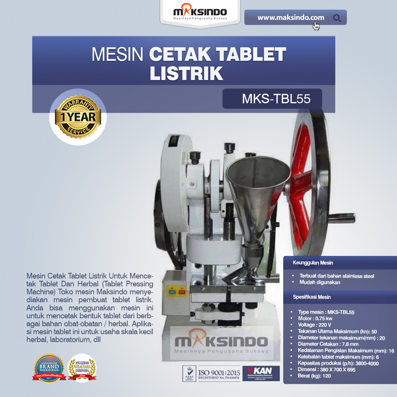 Jual Mesin Cetak Tablet Listrik – TBL55 di Makassar