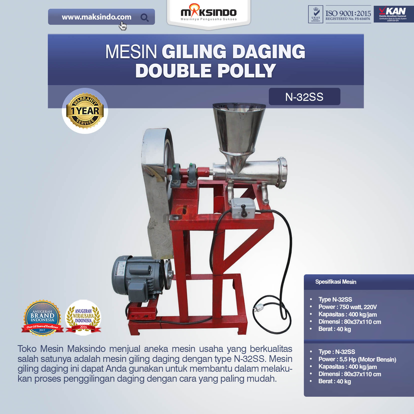 Jual Mesin Giling Daging Double Polly N-32SS di Makassar