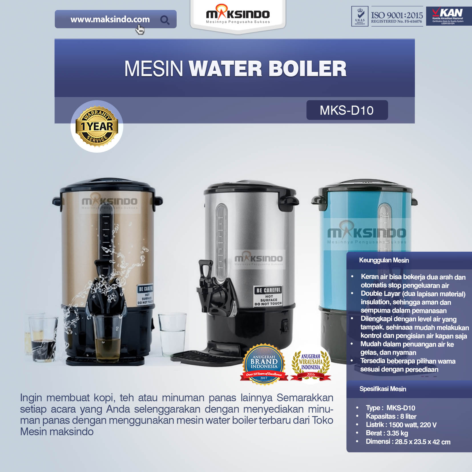 Jual Mesin Water Boiler 10 Liter (MKS-D10) di Makassar