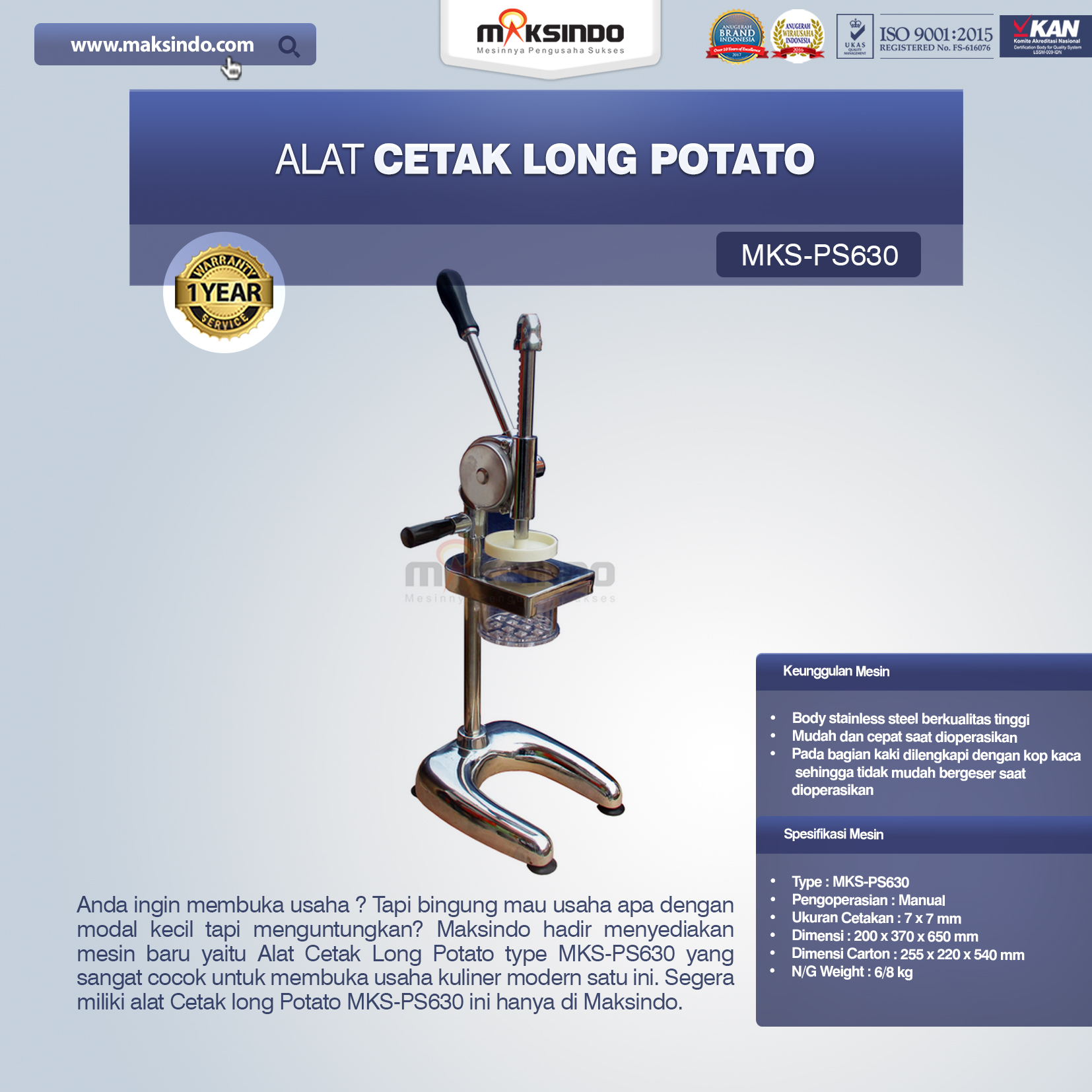 Jual Alat Cetak Long Potato MKS-PS630 di Makassar Jual Alat Cetak Long Potato MKS-PS630 di Makassar