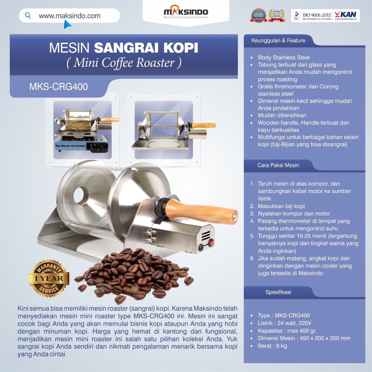 Jual Mesin Sangrai Kopi (Coffee Roaster) MKS-CRG400 di Makassar