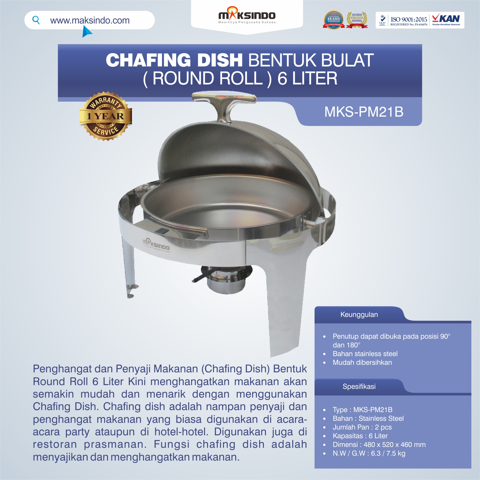 Jual Chafing Dish Bentuk Bulat (Round Roll) 6 Liter di Makassar