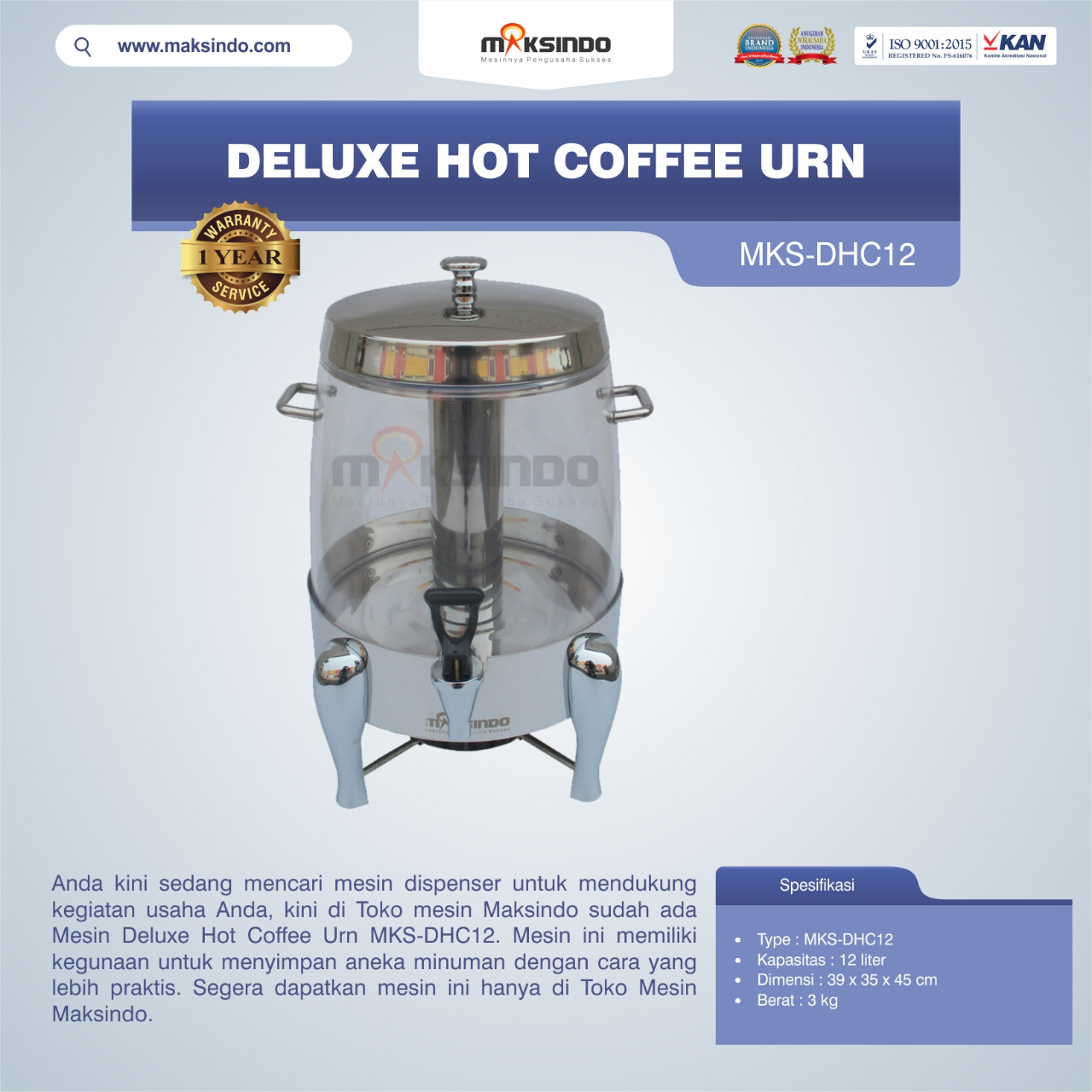 Jual Deluxe Hot Coffee Urn MKS-DHC12 di Makassar