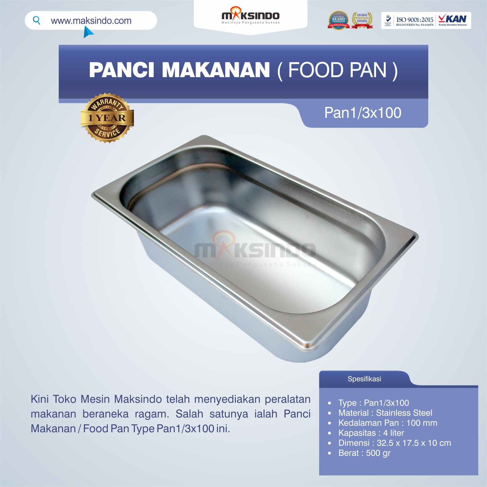 Jual Panci Makanan / Food Pan Type Pan1/3×100 di Makassar