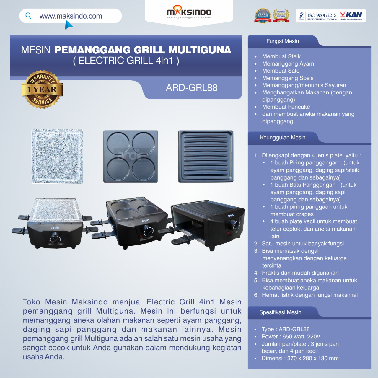 Jual Mesin Pemanggang Grill Multiguna (Electric Grill 4in1) ARD-GRL88 Di Makassar