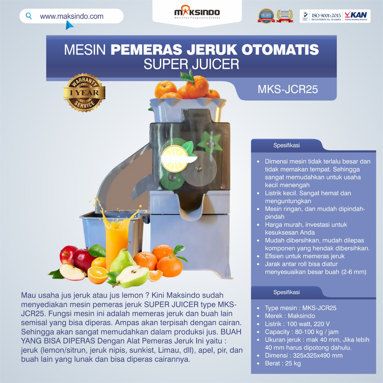 Jual Mesin Pemeras Jeruk Otomatis Super Juicer MKS-JCR25 di Makassar