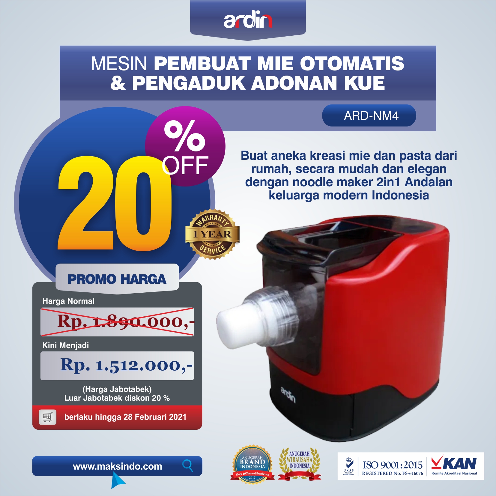 Jual Noodle Maker 2in1 Pembuat Mie Otomatis dan Pengaduk Adonan Kue ARD-NM4 di Makassar